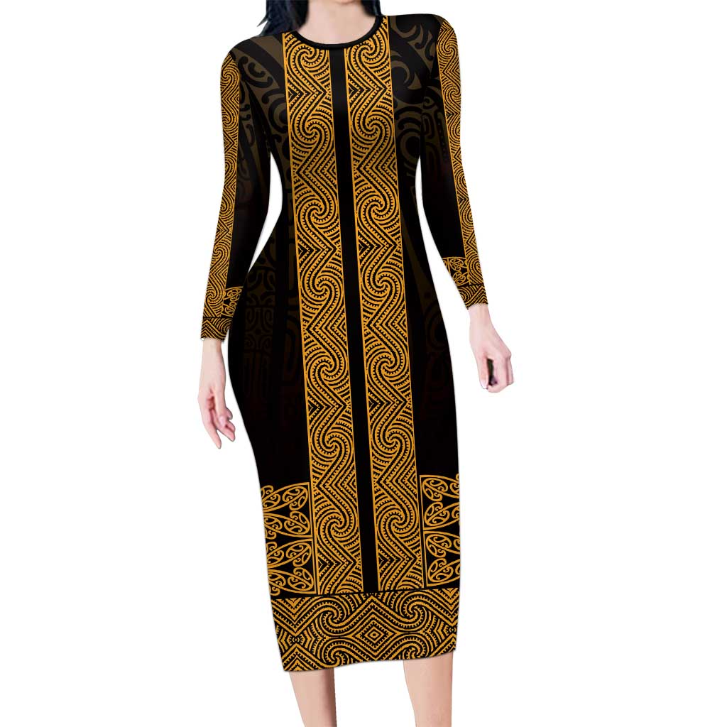 New Zealand Maori Kowhaiwhai Long Sleeve Bodycon Dress Karaka Maui and Mangopare LT9 Long Dress Gold - Polynesian Pride