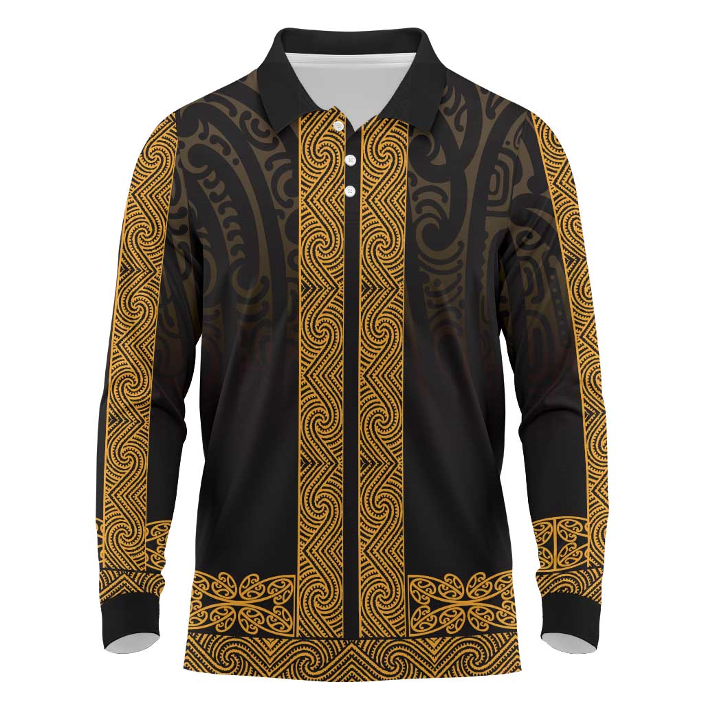New Zealand Maori Kowhaiwhai Long Sleeve Polo Shirt Karaka Maui and Mangopare LT9 Gold - Polynesian Pride