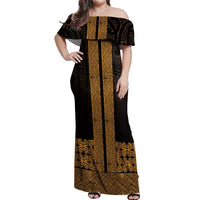 New Zealand Maori Kowhaiwhai Off Shoulder Maxi Dress Karaka Maui and Mangopare LT9 Women Gold - Polynesian Pride