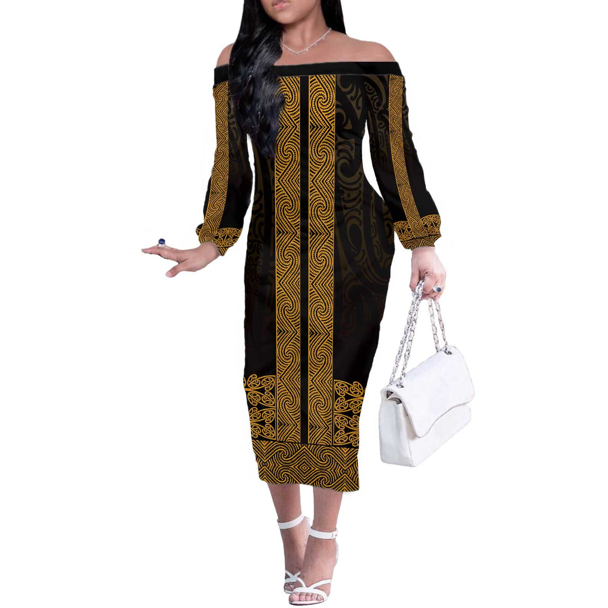New Zealand Maori Kowhaiwhai Off The Shoulder Long Sleeve Dress Karaka Maui and Mangopare LT9 Women Gold - Polynesian Pride
