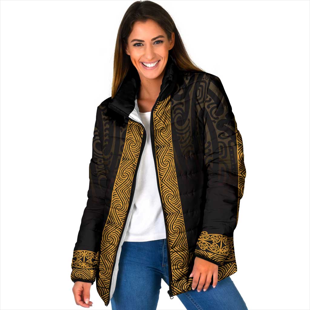 New Zealand Maori Kowhaiwhai Padded Jacket Karaka Maui and Mangopare LT9 Women Gold - Polynesian Pride