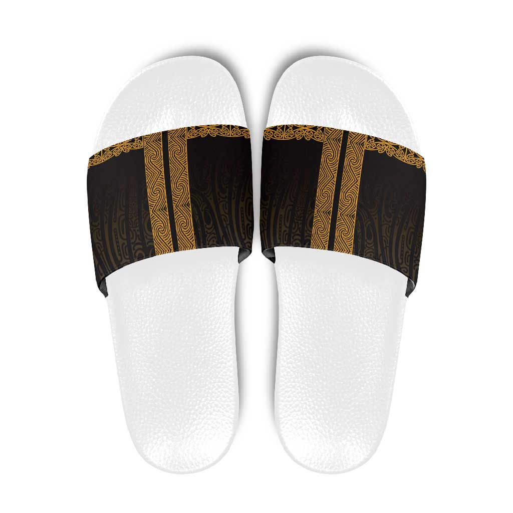 New Zealand Maori Kowhaiwhai Slide Sandals Karaka Maui and Mangopare LT9 Gold - Polynesian Pride