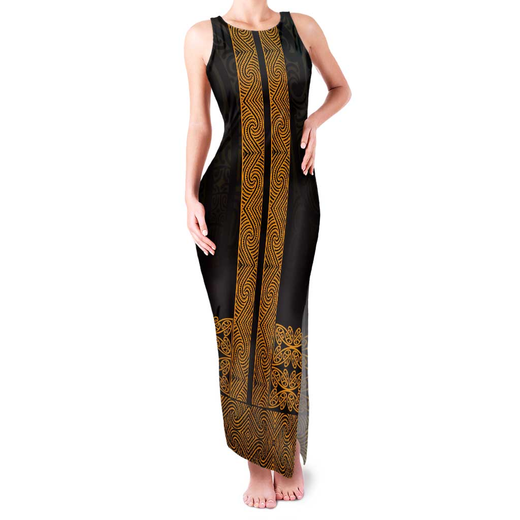 New Zealand Maori Kowhaiwhai Tank Maxi Dress Karaka Maui and Mangopare LT9 Women Gold - Polynesian Pride