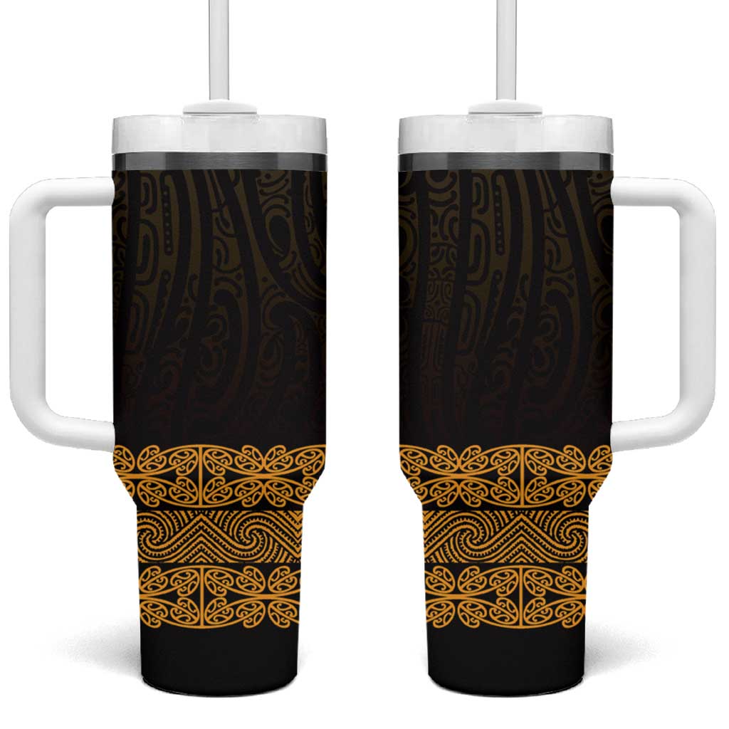 New Zealand Maori Kowhaiwhai Tumbler With Handle Karaka Maui and Mangopare LT9 One Size: 40 oz Gold - Polynesian Pride