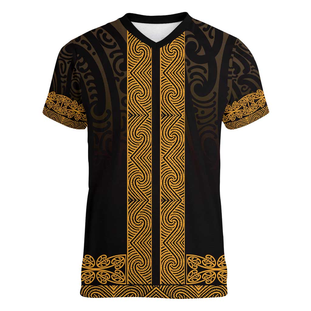 New Zealand Maori Kowhaiwhai Women V-Neck T-Shirt Karaka Maui and Mangopare