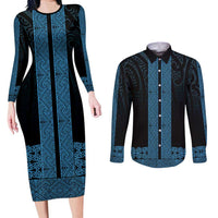 New Zealand Maori Kowhaiwhai Couples Matching Long Sleeve Bodycon Dress and Long Sleeve Button Shirt Kikorangi Maui and Mangopare LT9 Blue - Polynesian Pride