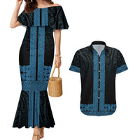 New Zealand Maori Kowhaiwhai Couples Matching Mermaid Dress and Hawaiian Shirt Kikorangi Maui and Mangopare LT9 Blue - Polynesian Pride