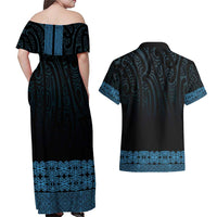 New Zealand Maori Kowhaiwhai Couples Matching Off Shoulder Maxi Dress and Hawaiian Shirt Kikorangi Maui and Mangopare LT9 - Polynesian Pride