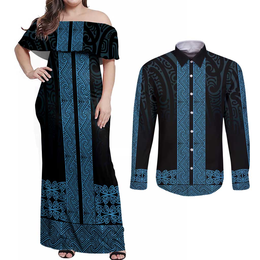 New Zealand Maori Kowhaiwhai Couples Matching Off Shoulder Maxi Dress and Long Sleeve Button Shirt Kikorangi Maui and Mangopare LT9 Blue - Polynesian Pride