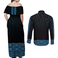 New Zealand Maori Kowhaiwhai Couples Matching Off Shoulder Maxi Dress and Long Sleeve Button Shirt Kikorangi Maui and Mangopare LT9 - Polynesian Pride