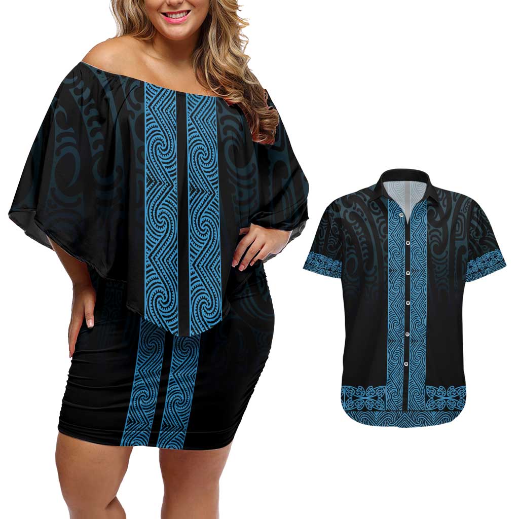 New Zealand Maori Kowhaiwhai Couples Matching Off Shoulder Short Dress and Hawaiian Shirt Kikorangi Maui and Mangopare LT9 Blue - Polynesian Pride