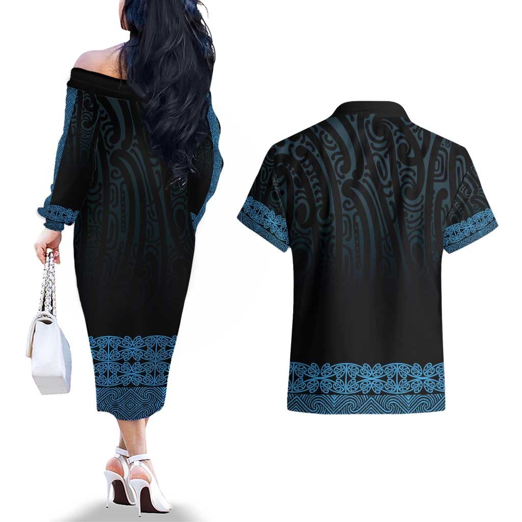 New Zealand Maori Kowhaiwhai Couples Matching Off The Shoulder Long Sleeve Dress and Hawaiian Shirt Kikorangi Maui and Mangopare LT9 - Polynesian Pride