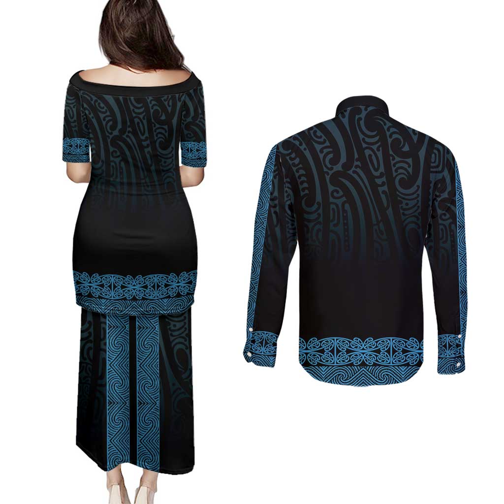 New Zealand Maori Kowhaiwhai Couples Matching Puletasi and Long Sleeve Button Shirt Kikorangi Maui and Mangopare LT9 - Polynesian Pride