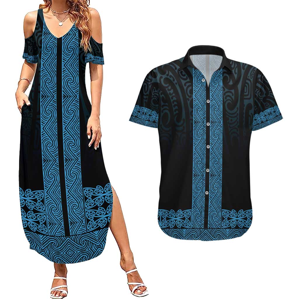 New Zealand Maori Kowhaiwhai Couples Matching Summer Maxi Dress and Hawaiian Shirt Kikorangi Maui and Mangopare LT9 Blue - Polynesian Pride