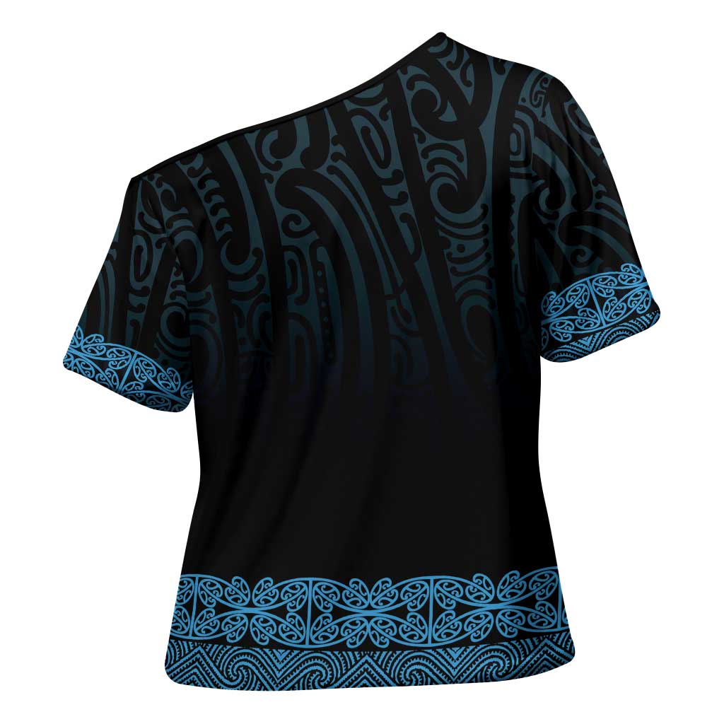 New Zealand Maori Kowhaiwhai Cross Shoulder Shirt Kikorangi Maui and Mangopare LT9 - Polynesian Pride