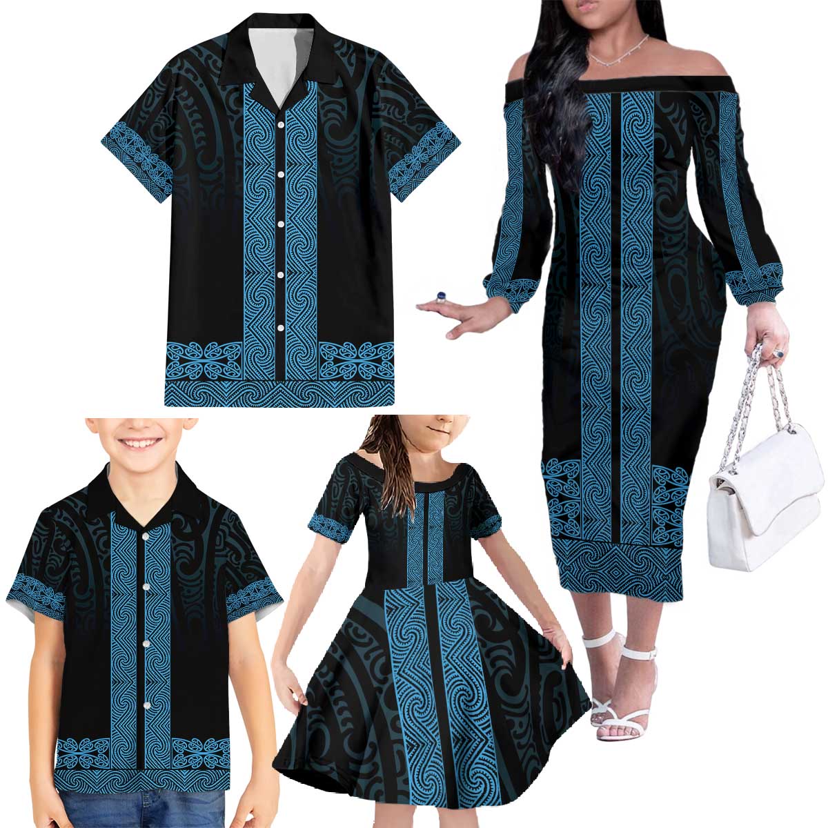 New Zealand Maori Kowhaiwhai Family Matching Off The Shoulder Long Sleeve Dress and Hawaiian Shirt Kikorangi Maui and Mangopare LT9 - Polynesian Pride