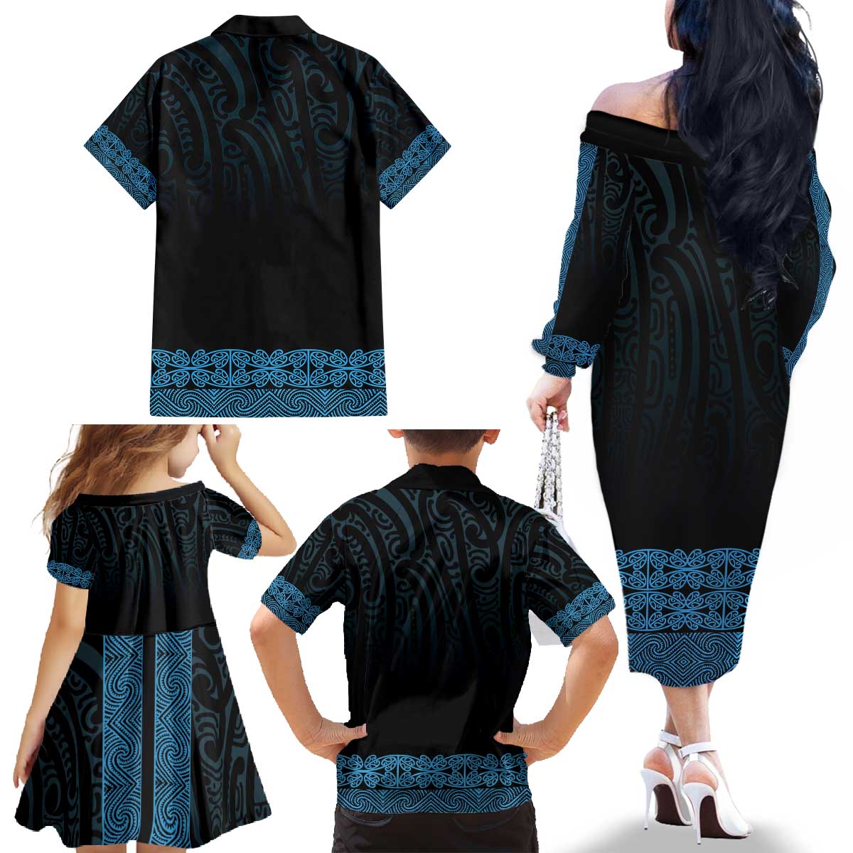 New Zealand Maori Kowhaiwhai Family Matching Off The Shoulder Long Sleeve Dress and Hawaiian Shirt Kikorangi Maui and Mangopare LT9 - Polynesian Pride