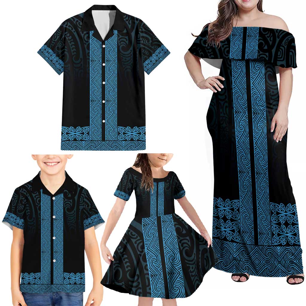 New Zealand Maori Kowhaiwhai Family Matching Off Shoulder Maxi Dress and Hawaiian Shirt Kikorangi Maui and Mangopare LT9 - Polynesian Pride