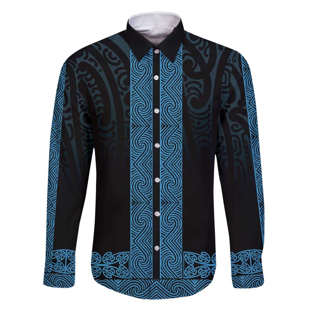 New Zealand Maori Kowhaiwhai Family Matching Off Shoulder Maxi Dress and Hawaiian Shirt Kikorangi Maui and Mangopare LT9 Dad's Shirt - Long Sleeve Blue - Polynesian Pride