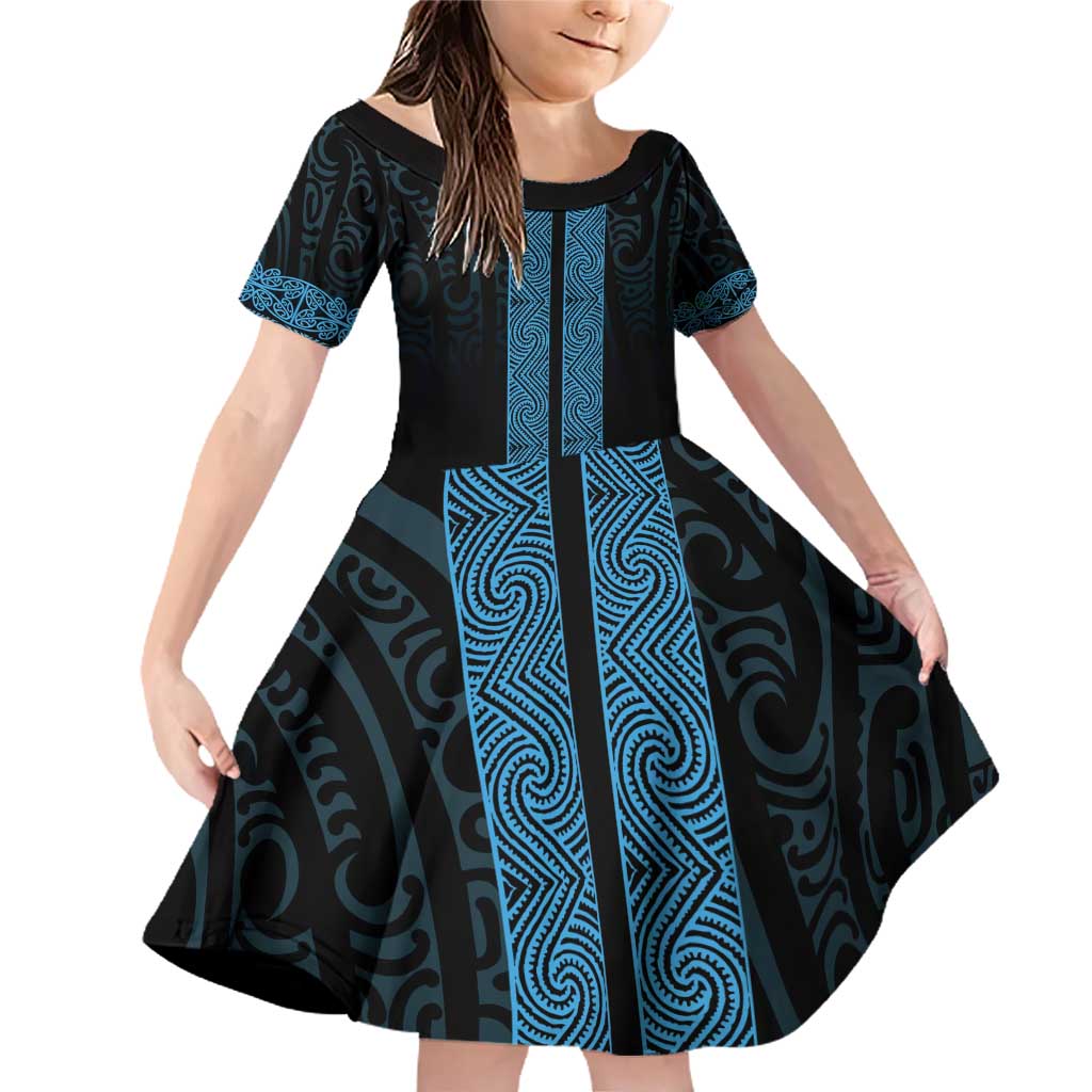 New Zealand Maori Kowhaiwhai Family Matching Off Shoulder Short Dress and Hawaiian Shirt Kikorangi Maui and Mangopare LT9 Daughter's Dress Blue - Polynesian Pride