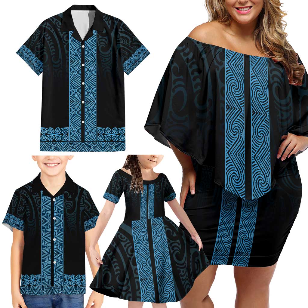 New Zealand Maori Kowhaiwhai Family Matching Off Shoulder Short Dress and Hawaiian Shirt Kikorangi Maui and Mangopare LT9 - Polynesian Pride