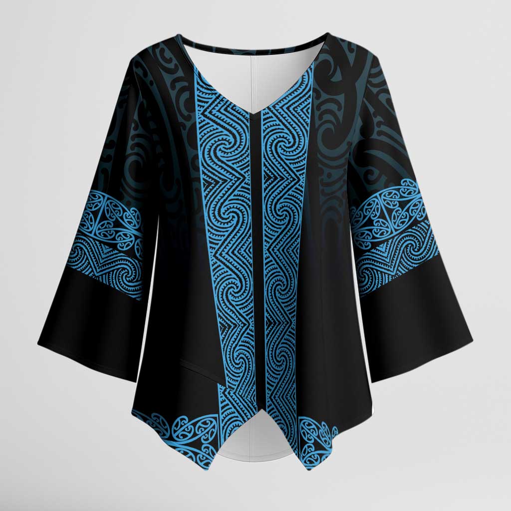 New Zealand Maori Kowhaiwhai Kimono Sleeve Blouse Kikorangi Maui and Mangopare LT9 Female Blue - Polynesian Pride