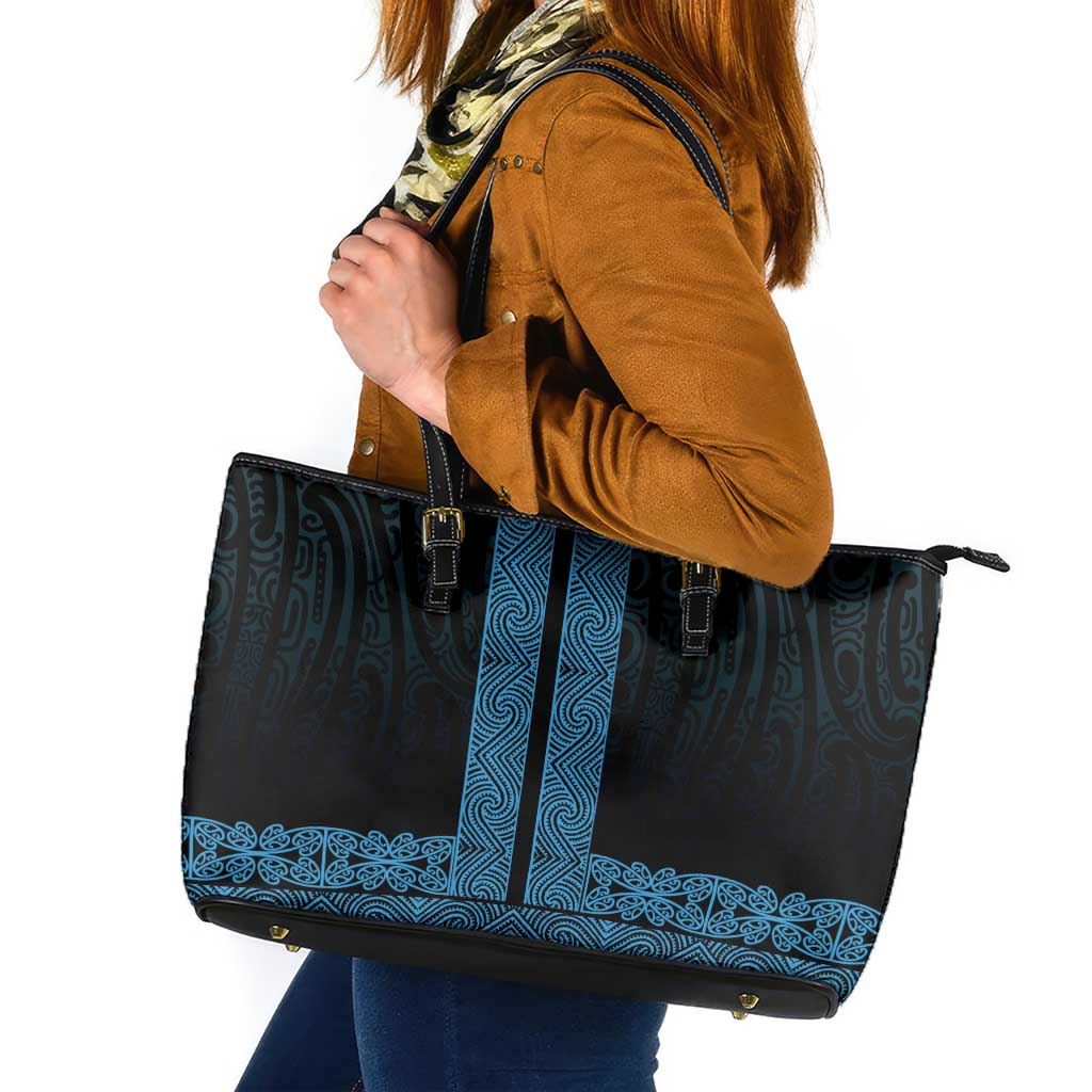 New Zealand Maori Kowhaiwhai Leather Tote Bag Kikorangi Maui and Mangopare LT9 Blue - Polynesian Pride