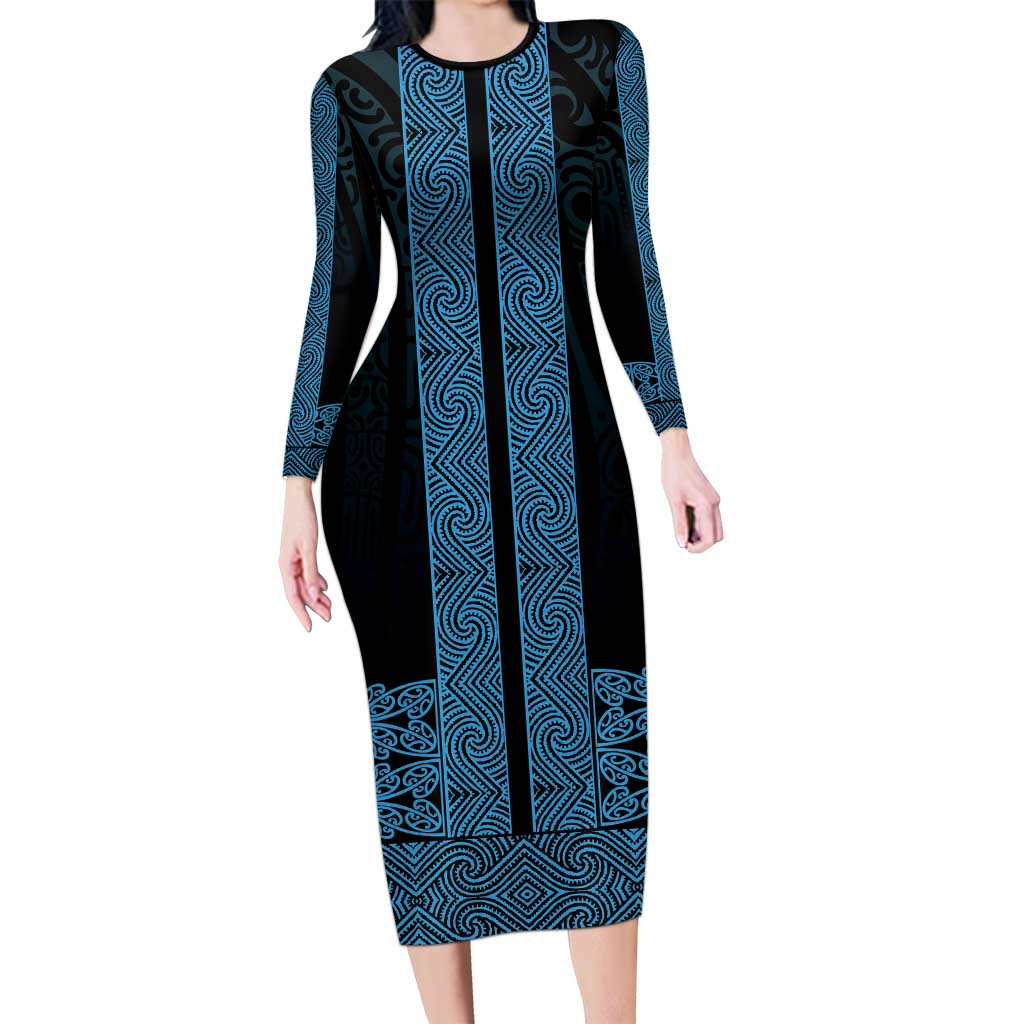 New Zealand Maori Kowhaiwhai Long Sleeve Bodycon Dress Kikorangi Maui and Mangopare LT9 Long Dress Blue - Polynesian Pride