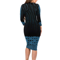 New Zealand Maori Kowhaiwhai Long Sleeve Bodycon Dress Kikorangi Maui and Mangopare LT9 - Polynesian Pride