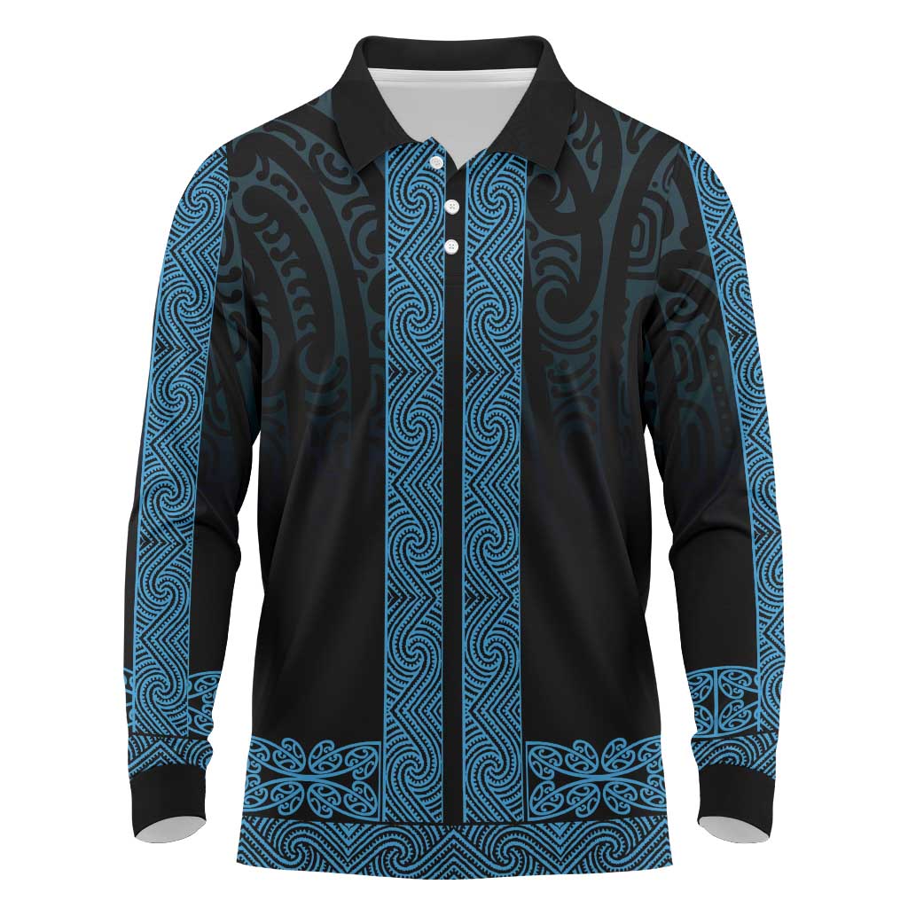 New Zealand Maori Kowhaiwhai Long Sleeve Polo Shirt Kikorangi Maui and Mangopare LT9 Blue - Polynesian Pride