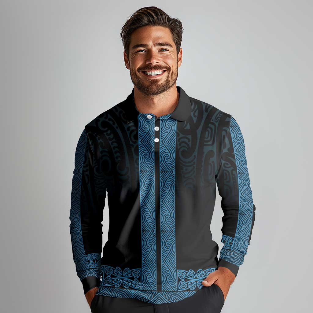 New Zealand Maori Kowhaiwhai Long Sleeve Polo Shirt Kikorangi Maui and Mangopare LT9 - Polynesian Pride