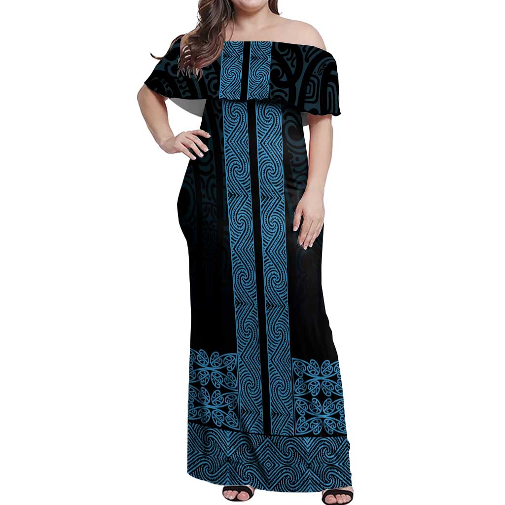 New Zealand Maori Kowhaiwhai Off Shoulder Maxi Dress Kikorangi Maui and Mangopare LT9 Women Blue - Polynesian Pride