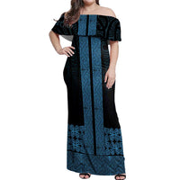 New Zealand Maori Kowhaiwhai Off Shoulder Maxi Dress Kikorangi Maui and Mangopare LT9 Women Blue - Polynesian Pride