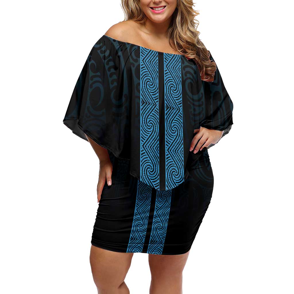New Zealand Maori Kowhaiwhai Off Shoulder Short Dress Kikorangi Maui and Mangopare LT9 Women Blue - Polynesian Pride