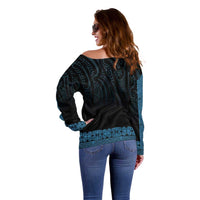 New Zealand Maori Kowhaiwhai Off Shoulder Sweater Kikorangi Maui and Mangopare LT9 - Polynesian Pride