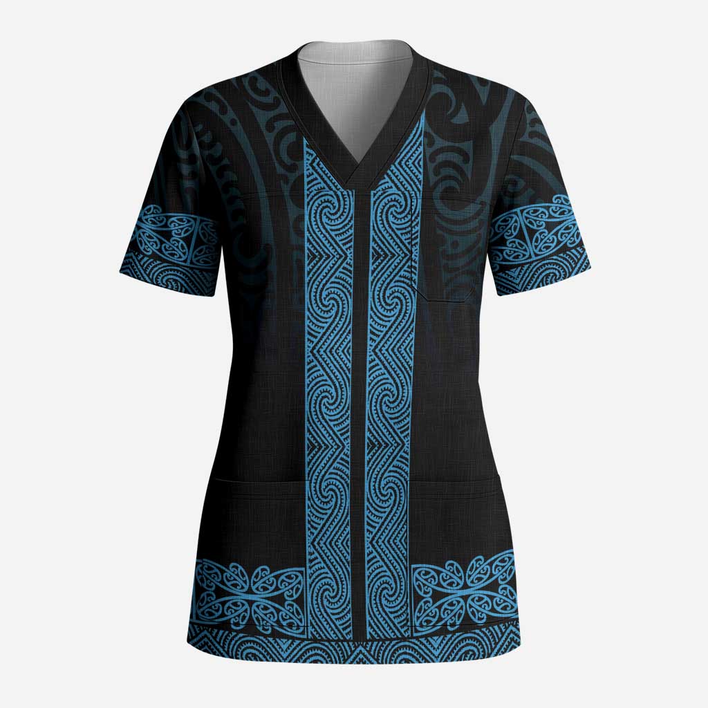 New Zealand Maori Kowhaiwhai Scrub Top Kikorangi Maui and Mangopare LT9 Adult Blue - Polynesian Pride