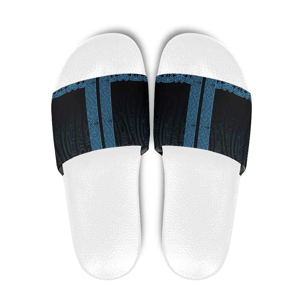 New Zealand Maori Kowhaiwhai Slide Sandals Kikorangi Maui and Mangopare LT9 Blue - Polynesian Pride