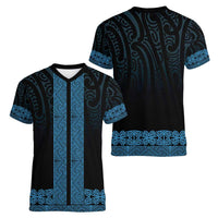 New Zealand Maori Kowhaiwhai Women V-Neck T-Shirt Kikorangi Maui and Mangopare LT9 - Polynesian Pride