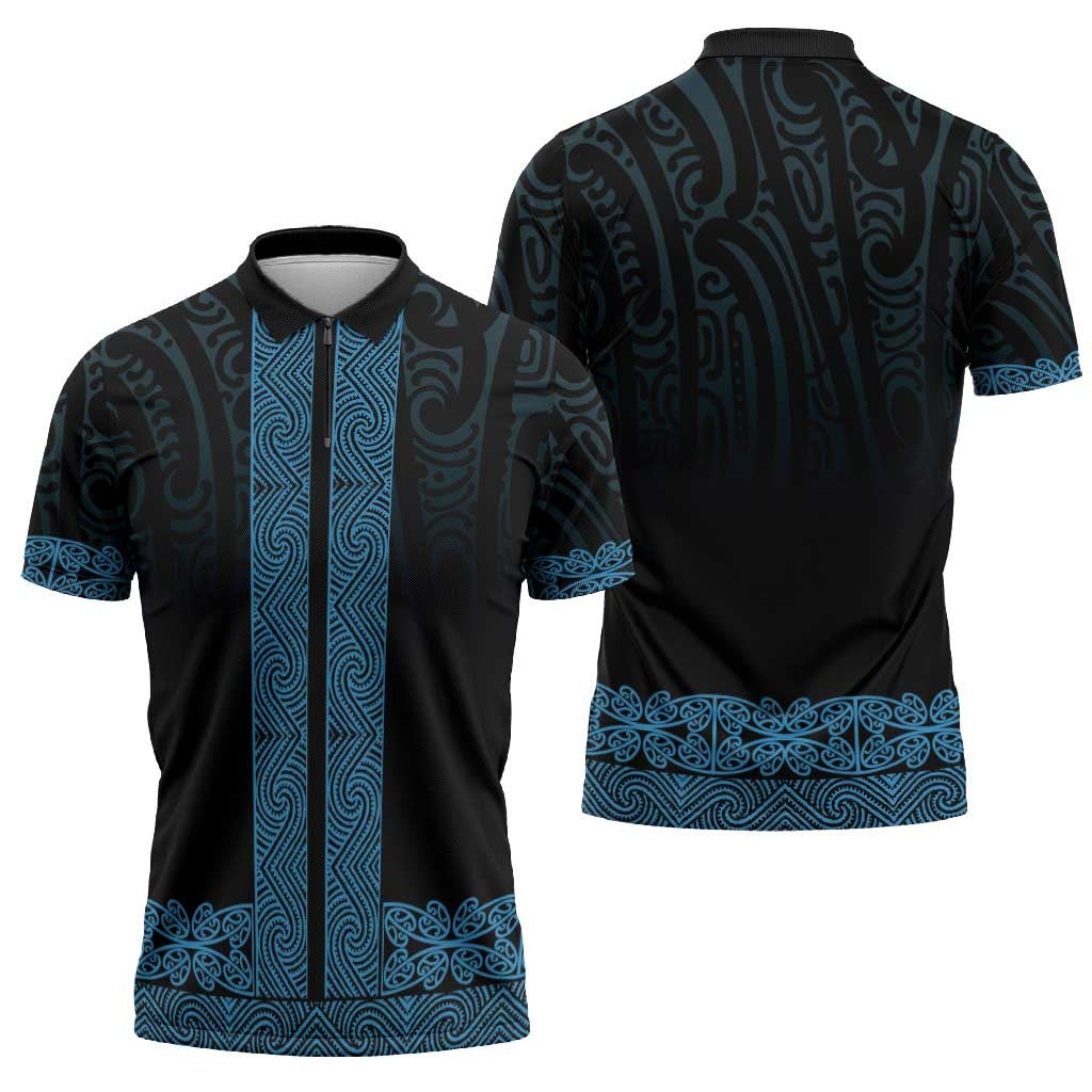 New Zealand Maori Kowhaiwhai Zipper Polo Shirt Kikorangi Maui and Mangopare LT9 - Polynesian Pride