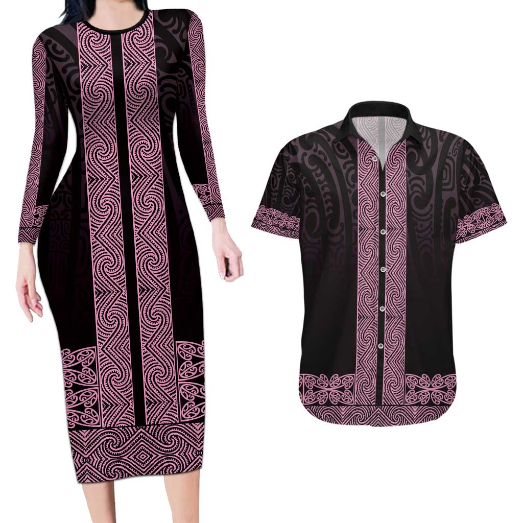 New Zealand Maori Kowhaiwhai Couples Matching Long Sleeve Bodycon Dress and Hawaiian Shirt Mawhero Maui and Mangopare LT9 Pink - Polynesian Pride