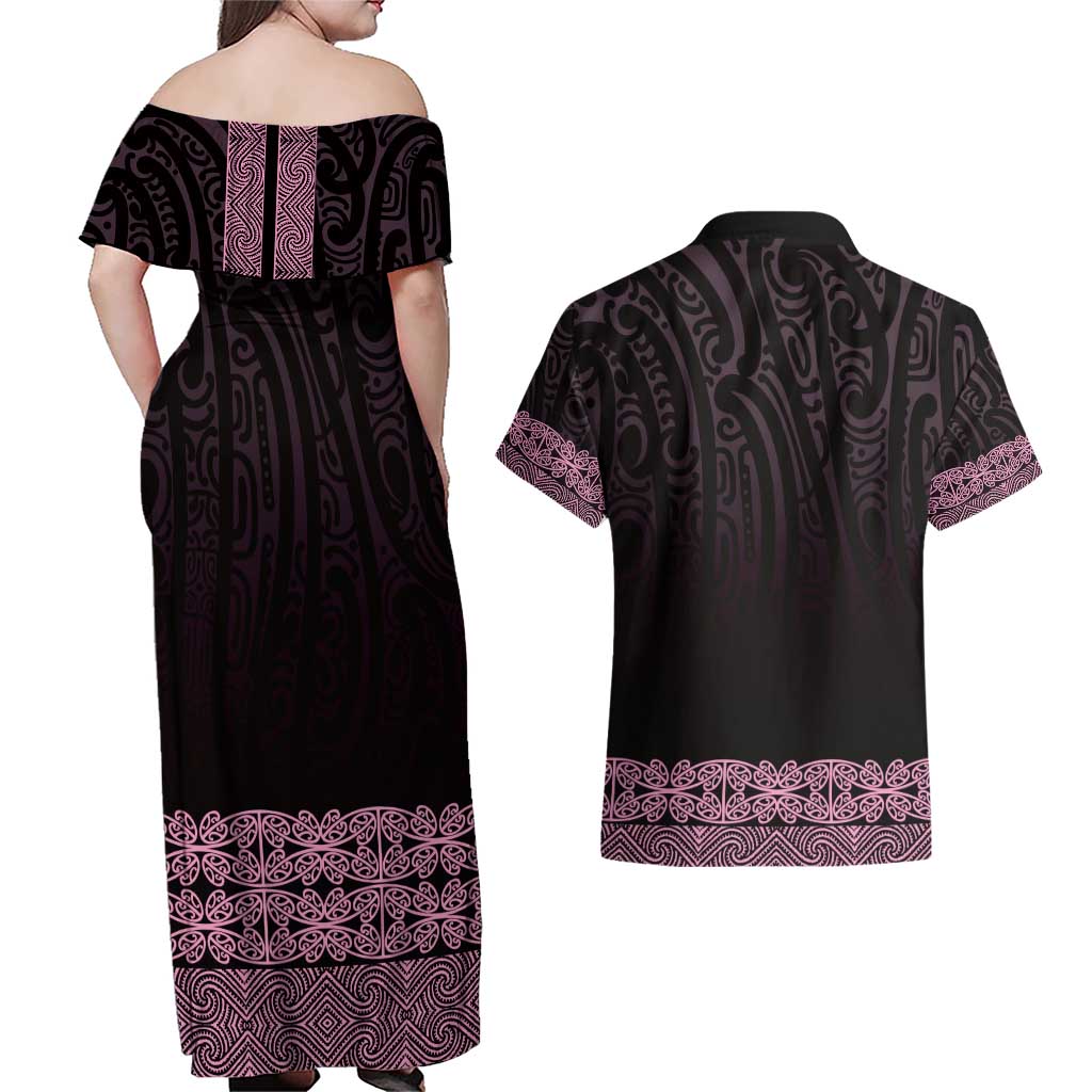 New Zealand Maori Kowhaiwhai Couples Matching Off Shoulder Maxi Dress and Hawaiian Shirt Mawhero Maui and Mangopare LT9 - Polynesian Pride