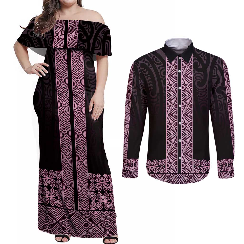 New Zealand Maori Kowhaiwhai Couples Matching Off Shoulder Maxi Dress and Long Sleeve Button Shirt Mawhero Maui and Mangopare LT9 Pink - Polynesian Pride