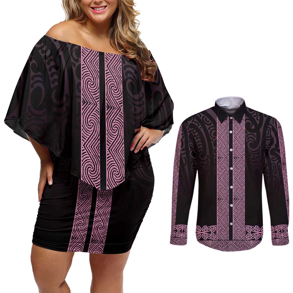 New Zealand Maori Kowhaiwhai Couples Matching Off Shoulder Short Dress and Long Sleeve Button Shirt Mawhero Maui and Mangopare LT9 Pink - Polynesian Pride