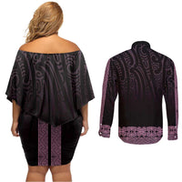New Zealand Maori Kowhaiwhai Couples Matching Off Shoulder Short Dress and Long Sleeve Button Shirt Mawhero Maui and Mangopare LT9 - Polynesian Pride