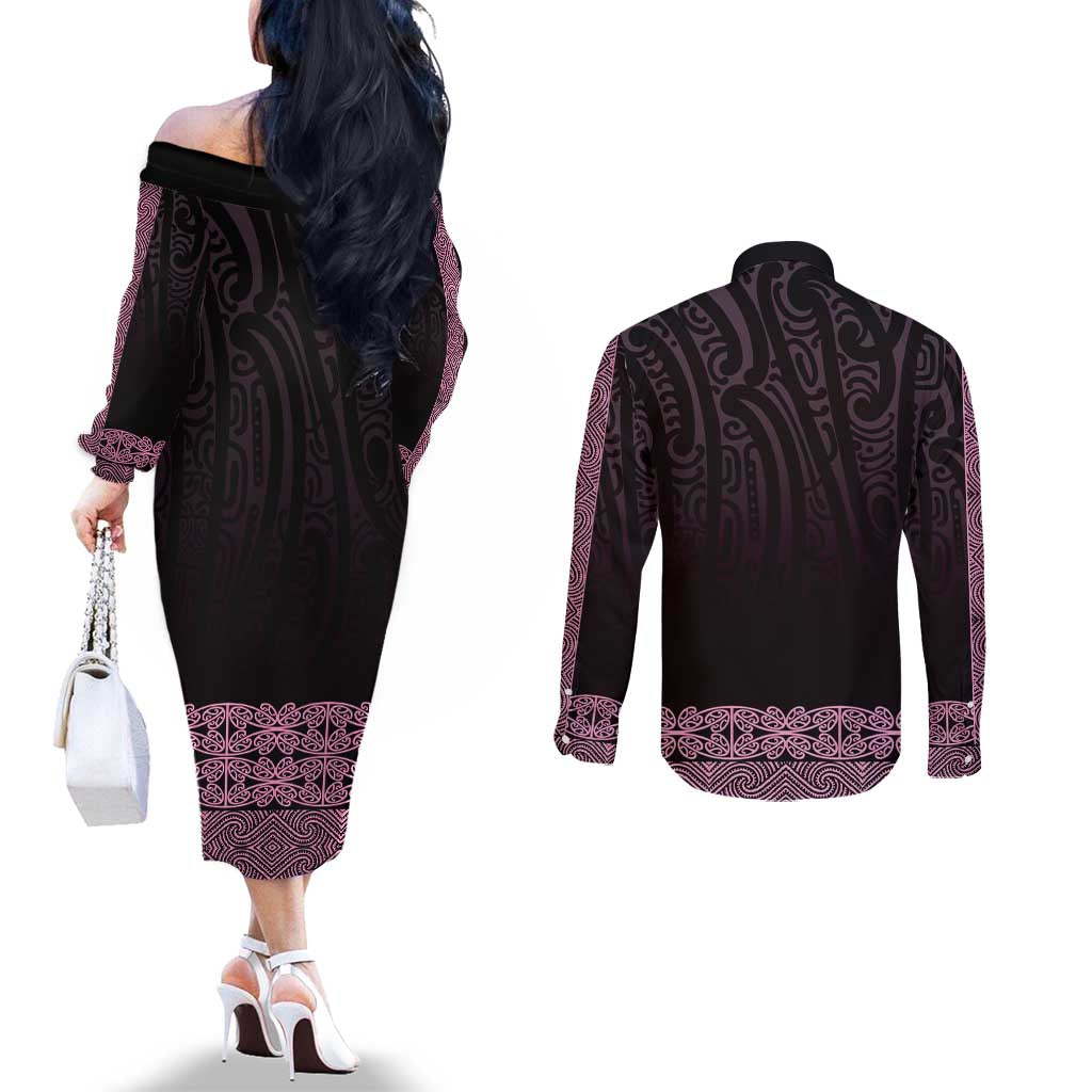 New Zealand Maori Kowhaiwhai Couples Matching Off The Shoulder Long Sleeve Dress and Long Sleeve Button Shirt Mawhero Maui and Mangopare LT9 - Polynesian Pride