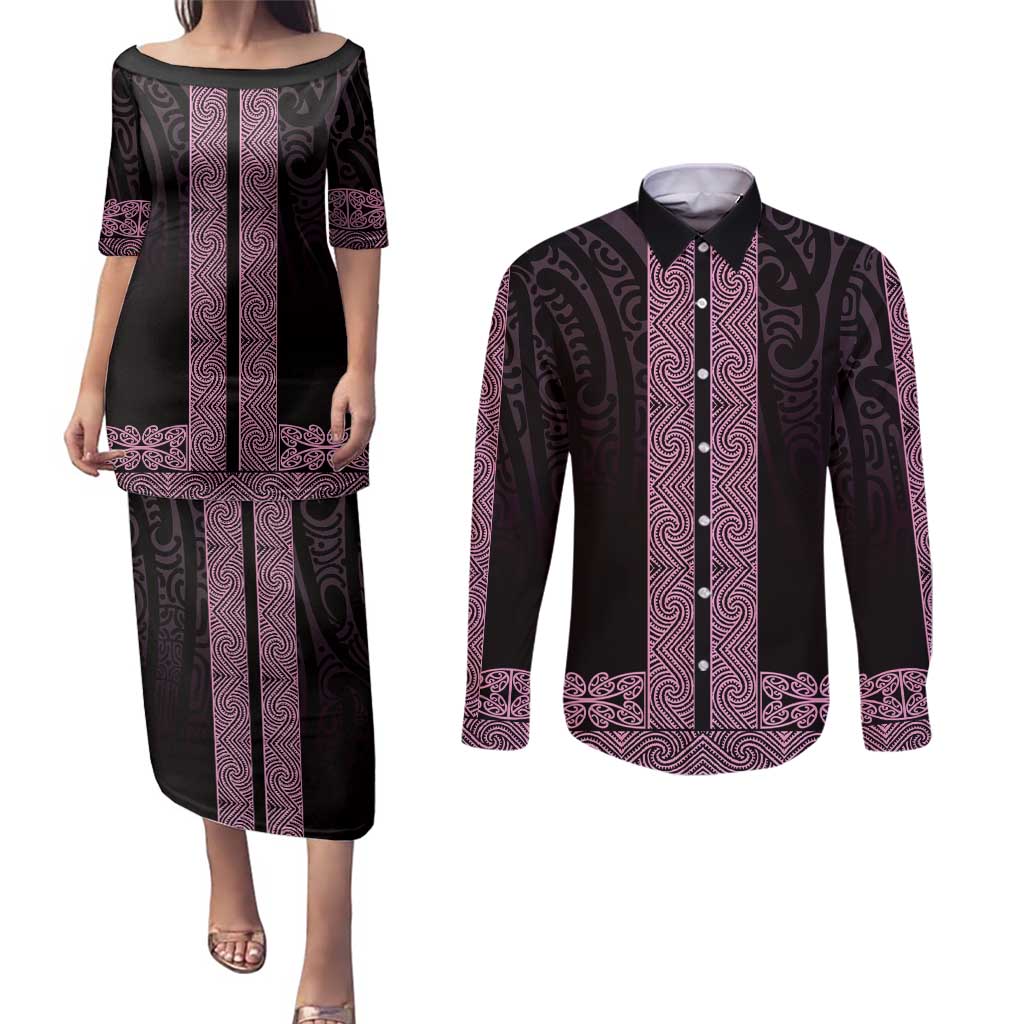 New Zealand Maori Kowhaiwhai Couples Matching Puletasi and Long Sleeve Button Shirt Mawhero Maui and Mangopare LT9 Pink - Polynesian Pride