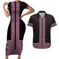 New Zealand Maori Kowhaiwhai Couples Matching Short Sleeve Bodycon Dress and Hawaiian Shirt Mawhero Maui and Mangopare LT9 Pink - Polynesian Pride