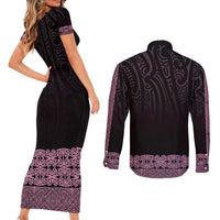 New Zealand Maori Kowhaiwhai Couples Matching Short Sleeve Bodycon Dress and Long Sleeve Button Shirt Mawhero Maui and Mangopare LT9 - Polynesian Pride