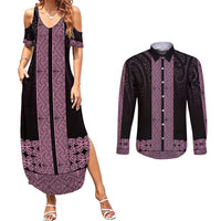 New Zealand Maori Kowhaiwhai Couples Matching Summer Maxi Dress and Long Sleeve Button Shirt Mawhero Maui and Mangopare LT9 Pink - Polynesian Pride