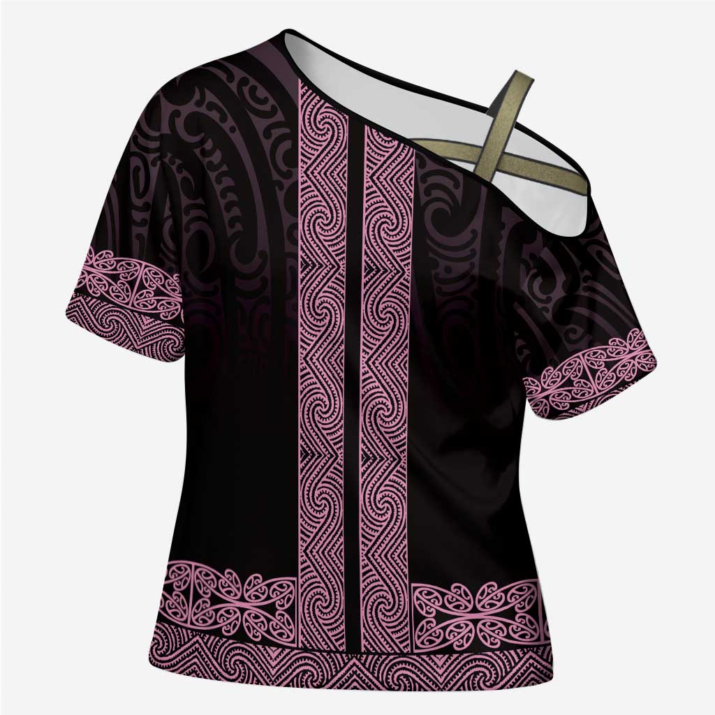 New Zealand Maori Kowhaiwhai Cross Shoulder Shirt Mawhero Maui and Mangopare LT9 Female Pink - Polynesian Pride